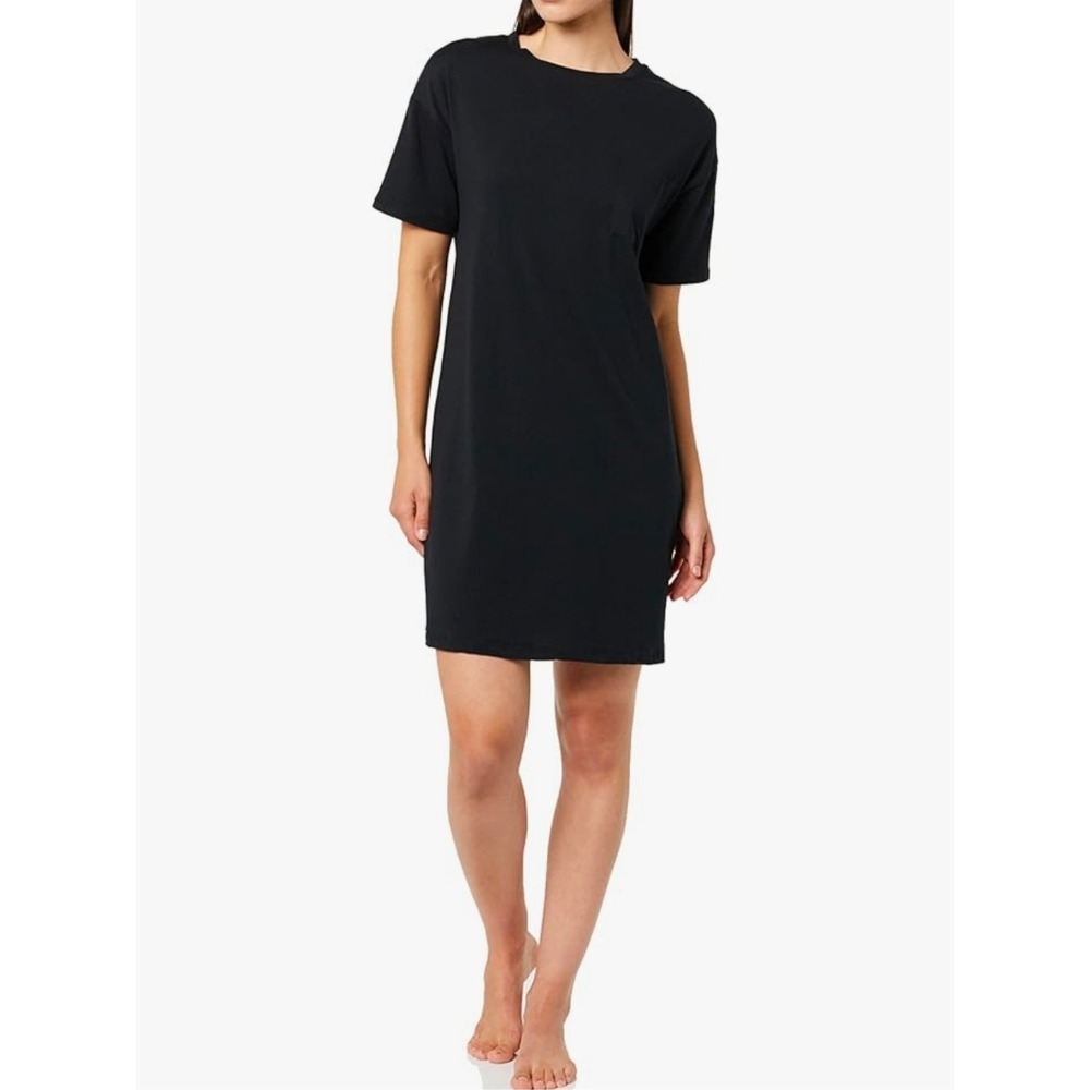 Women's Black Cotton Modal Knit Jersey Sleep Tee Nightdress Pocket T Size Large